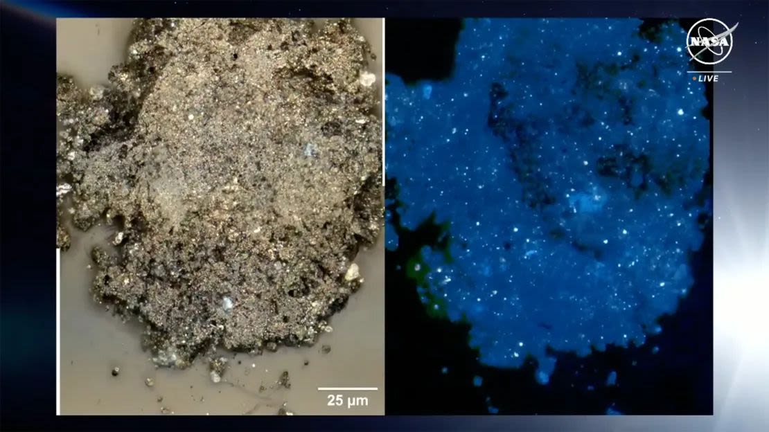 Un análisis detallado de partículas reveló minerales de carbonato, que parecen estrellas en la imagen de la derecha, y materia orgánica.