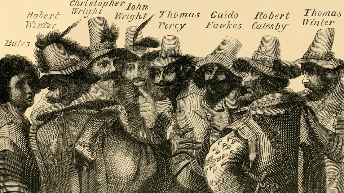 Ilustración que representa a Guy Fawkes y a los demás responsables del fallido complot de la pólvora de 1605.