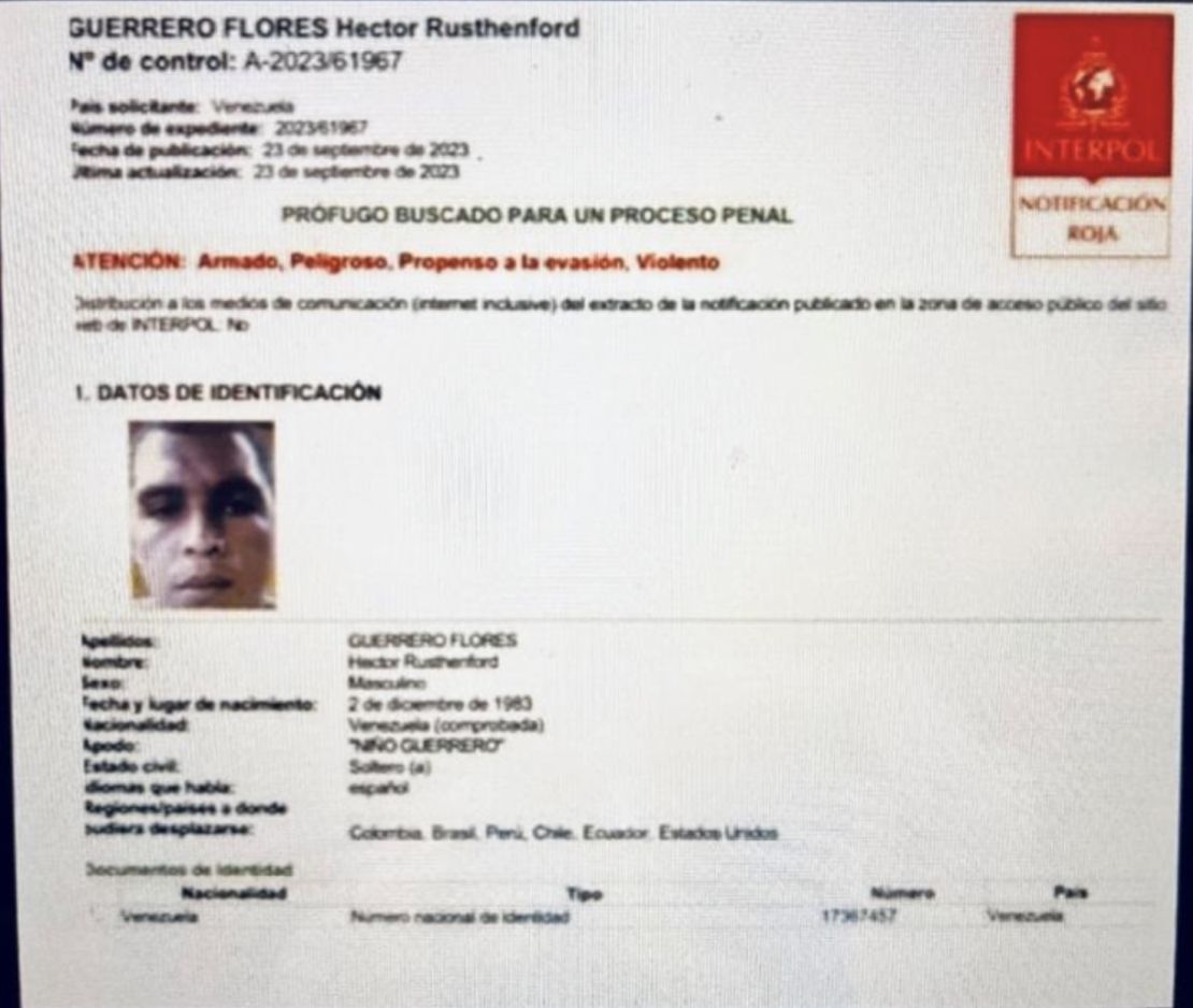 Notificación roja de la Interpol contra Héctor Rusthenford Guerrero Flores, conocido como el "Niño Guerrero".