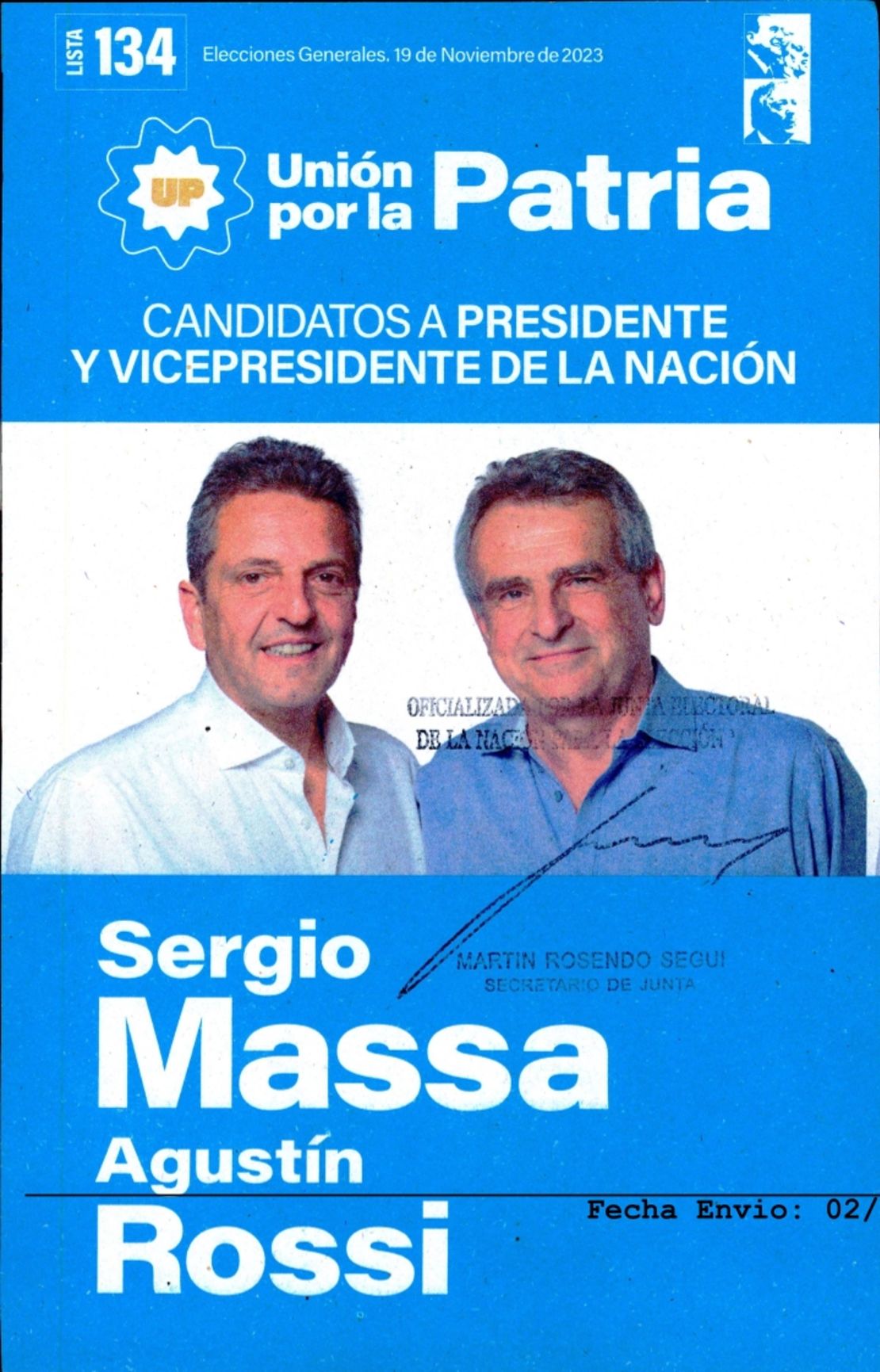 La boleta de Sergio Massa y Agustín Rossi para el balotaje de las elecciones generales de Argentina 2023.