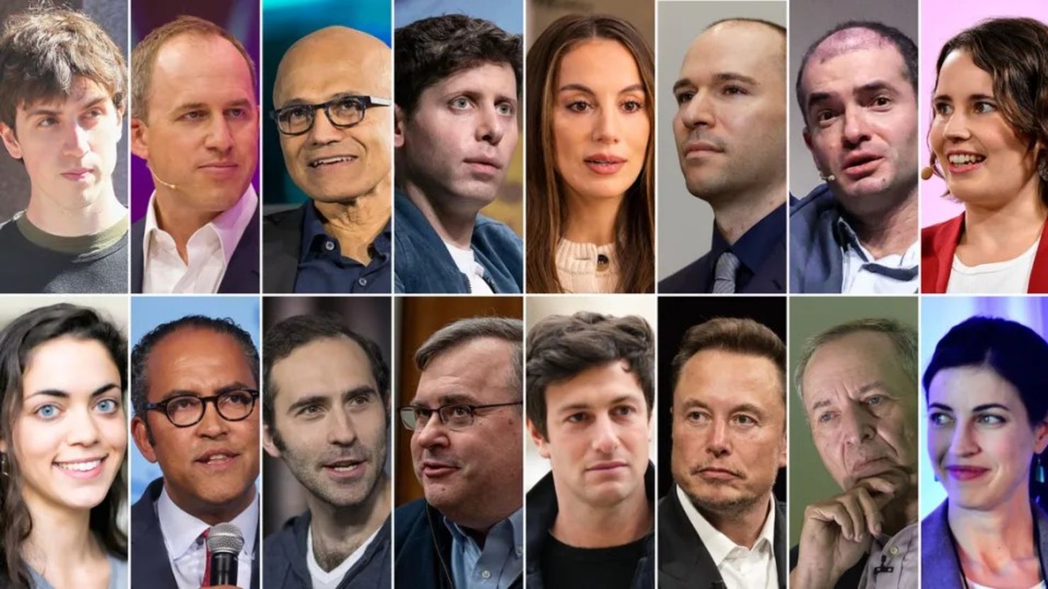 De izquierda a derecha: Adam D'Angelo, Bret Taylor, Satya Nadella, Sam Altman, Mira Murati, Greg Brockman, Ilya Sutskever, Helen Toner, Tasha McCauley, Larry Summers, Elon Musk, Josh Kushner, Reid Hoffman, Emmett Shear, Will Hurd, Shivon Zilis. Crédito: Bloomberg/AFP/Getty Images/shivonzilis