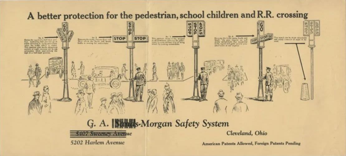 Hoja publicitaria del Morgan Safety System, un sistema de señales de tráfico de alrededor de 1923.