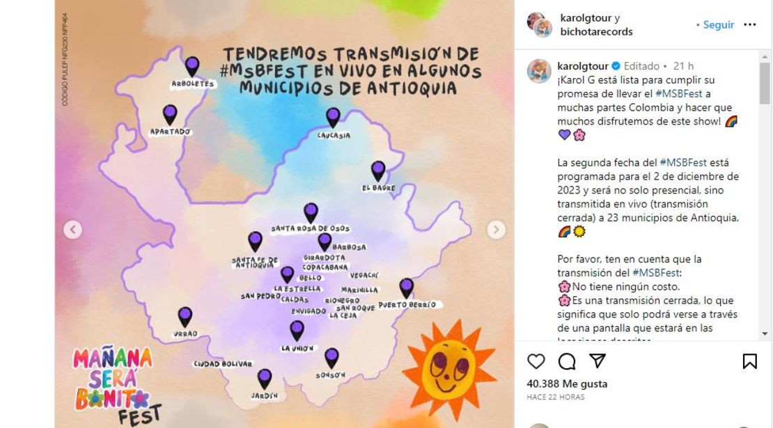 El mapa con las ubicaciones desde donde se podrá disfrutar del Mañana Será Bonito Fest, de Karol G.