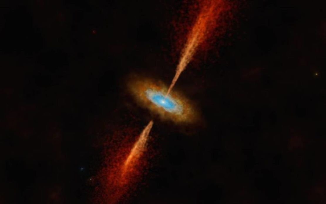 La ilustración de un artista muestra el sistema HH 1177, ubicado en una galaxia vecina llamada la Gran Nube de Magallanes. La joven estrella masiva en el centro atrae gas y polvo de un disco giratorio, pero también expulsa materia en forma de chorros.
