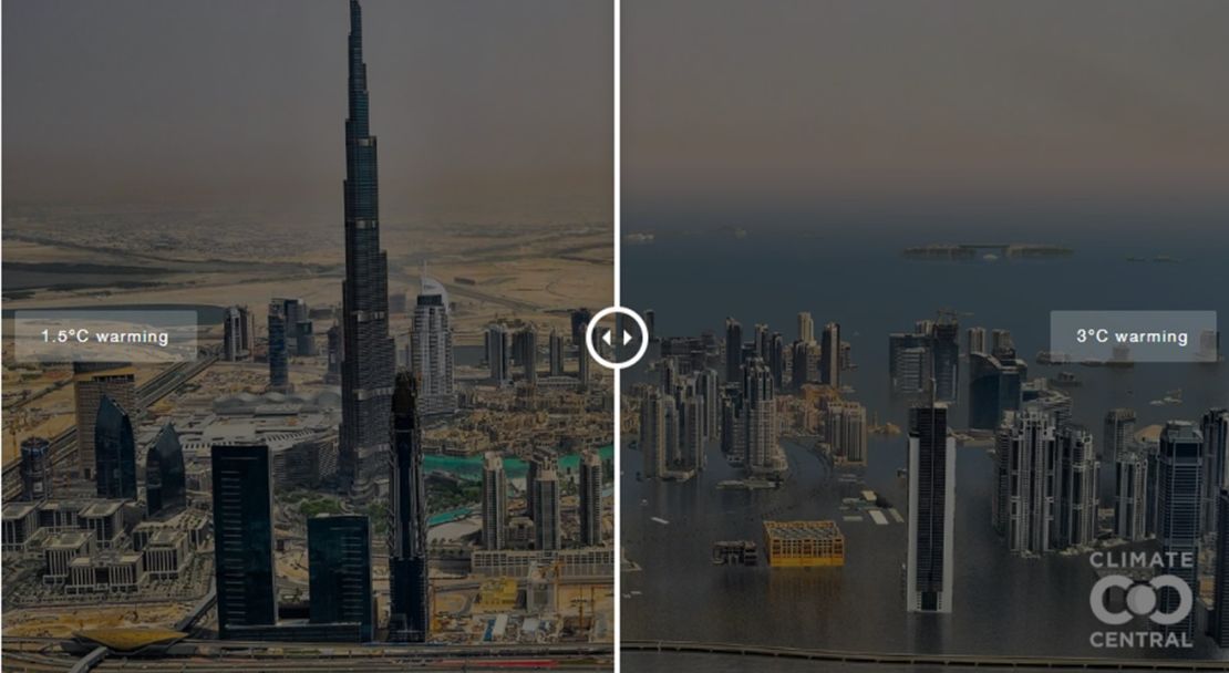 Ilustraciones fotográficas de Climate CentralCómo podría verse el aumento del nivel del mar en el Burj Khalifa en Dubai, Emiratos Árabes Unidos.