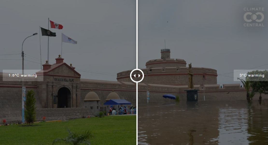 Sabelle Falcon/Central del ClimaCómo podría verse el aumento del nivel del mar en la Fortaleza del Real Felipe en Lima, Perú.