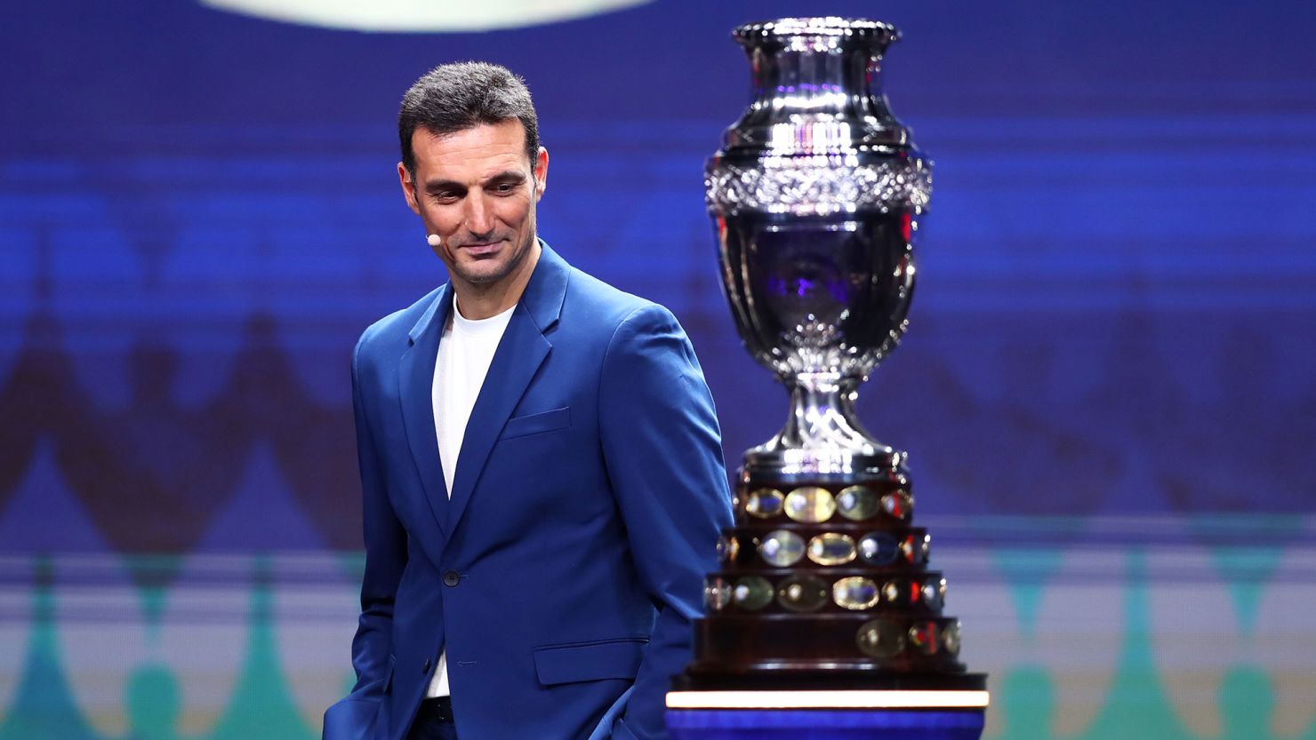 MIAMI, FLORIDA - DECEMBER 07: Lionel Scaloni, Head Coach of Argentina, presents the Copa America trophy during the official draw of CONMEBOL Copa America 2024 at James L. Knight Center on December 07, 2023 in Miami, Florida.