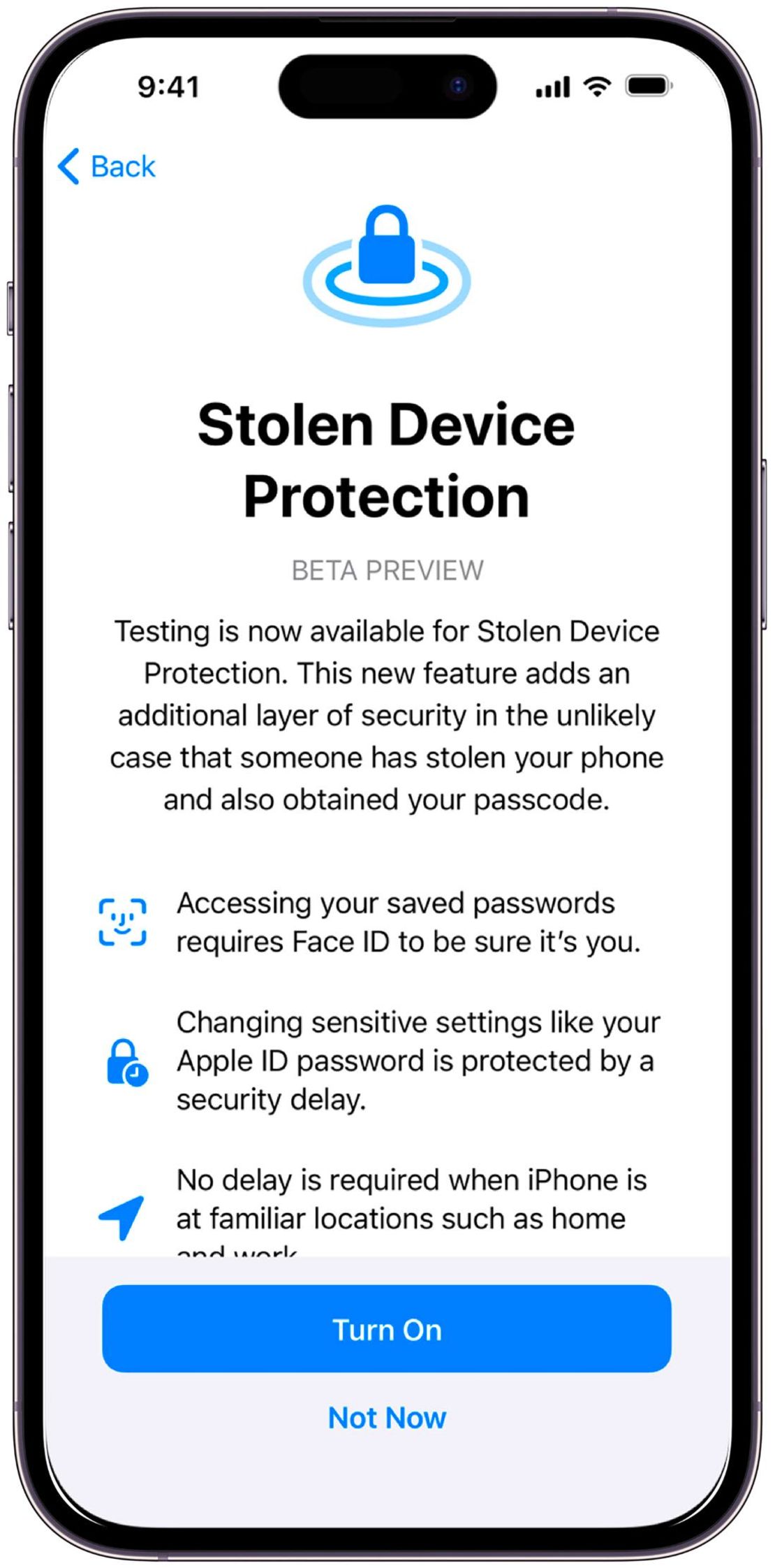 Una captura de pantalla de la nueva función de protección de dispositivos robados de Apple, actualmente en prueba beta. Crédito: Apple