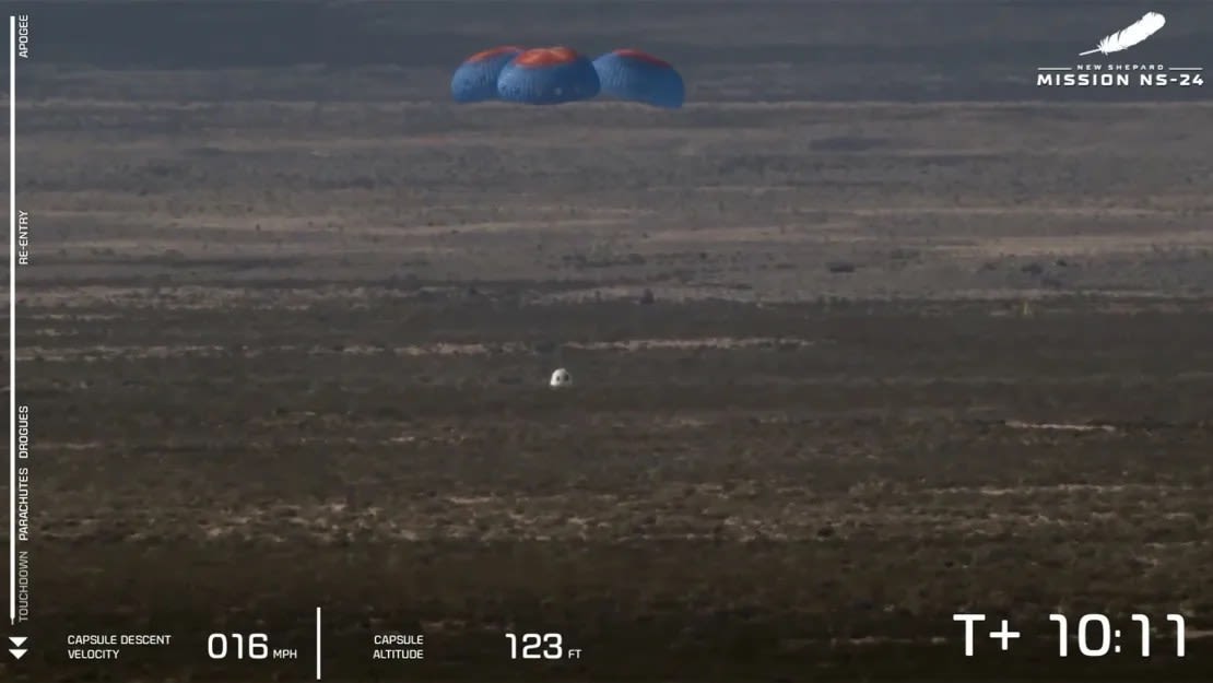 El cohete propulsor New Shepard tuvo un aterrizaje perfecto después del lanzamiento. Crédito: Blue Origin