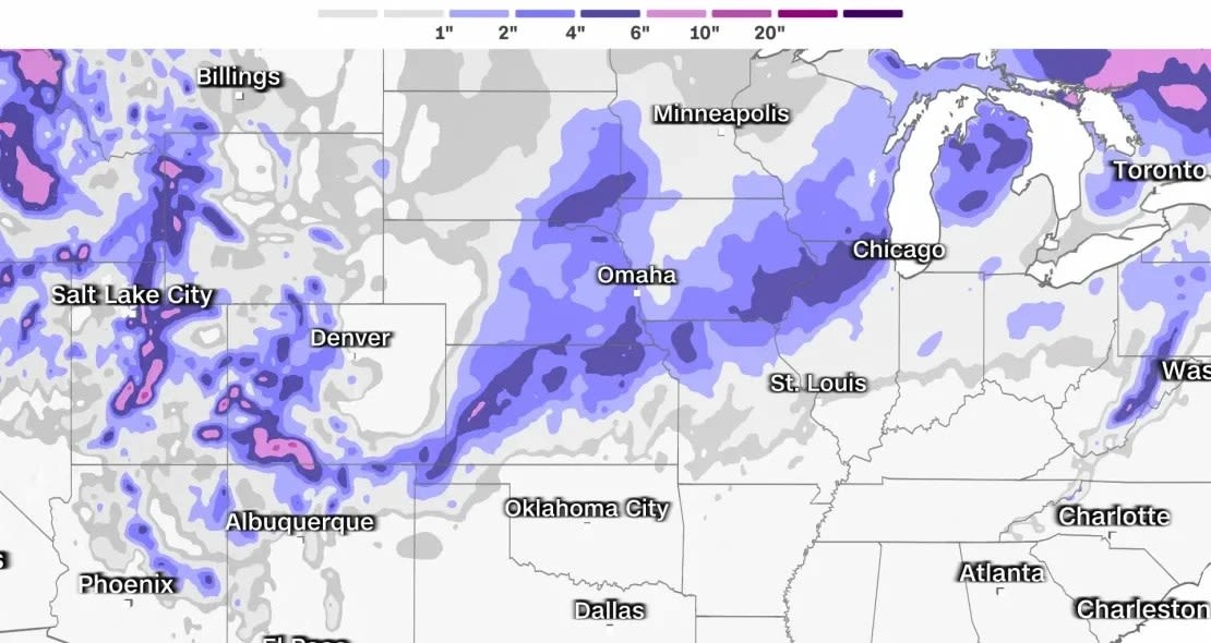 Caída de nieve: Un modelo pronostica nevadas para la próxima tormenta a partir del domingo por la mañana. Estos totales de caída de nieve podrían cambiar o desplazarse según la trayectoria final de la tormenta.