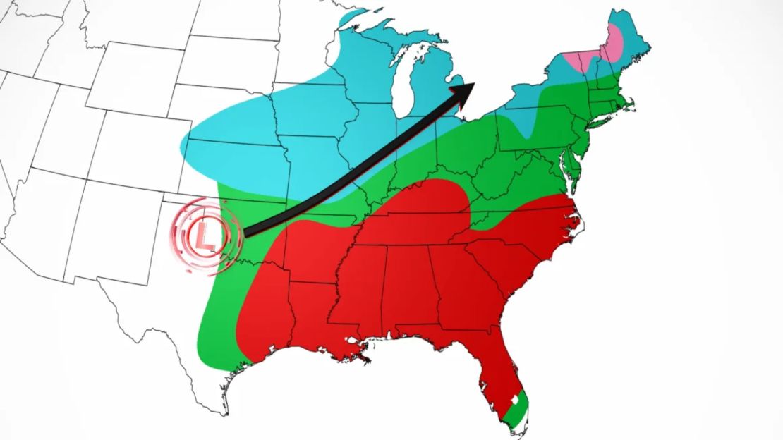 Otra poderosa tormenta traerá nieve (azul), lluvia (verde) y clima severo (rojo) a gran parte de EE. UU. desde el jueves por la noche hasta el sábado.