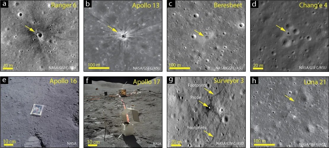 La humanidad ha dejado su huella en la Luna de muchas maneras, incluidos los cráteres de impacto dejados por naves espaciales, huellas de vehículos lunares, huellas de botas de astronautas, experimentos científicos e incluso fotografías familiares traídas por astronautas. NASA/GSFC/ASU