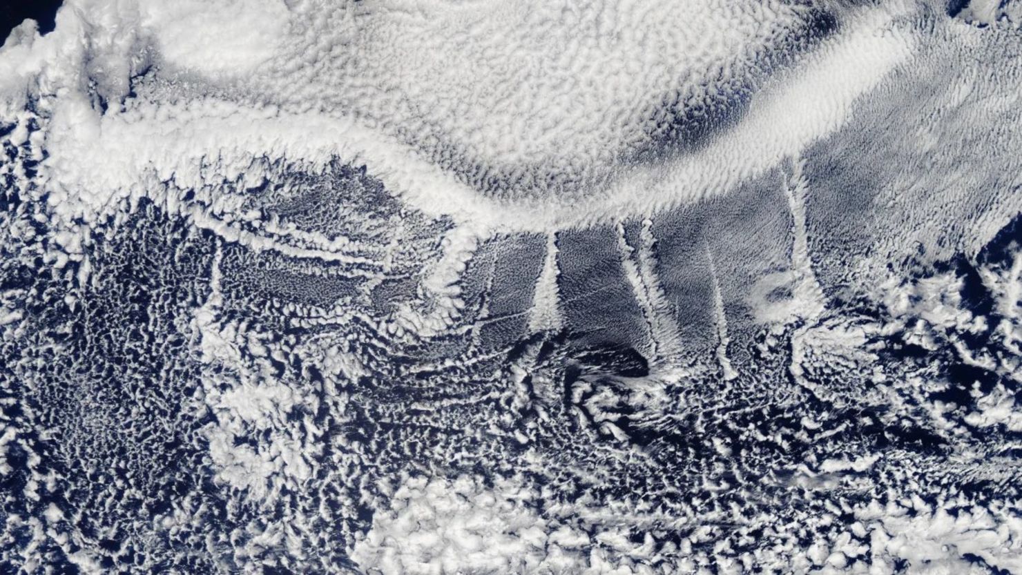 Nubes largas y estrechas llamadas "huellas de barcos" con el telón de fondo de nubes marinas sobre el Océano Pacífico Norte el 26 de agosto de 2018. Estas nubes distintivas se forman cuando el vapor de agua se condensa alrededor de las pequeñas partículas emitidas por los barcos en sus gases de escape.