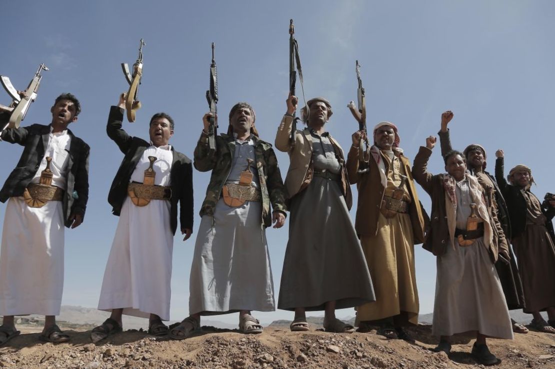 Houthi supporters hold a parade and rally against US and UK strikes in the Bani Hushaish area in Sanaa, Yemen, on January 22, 2024.