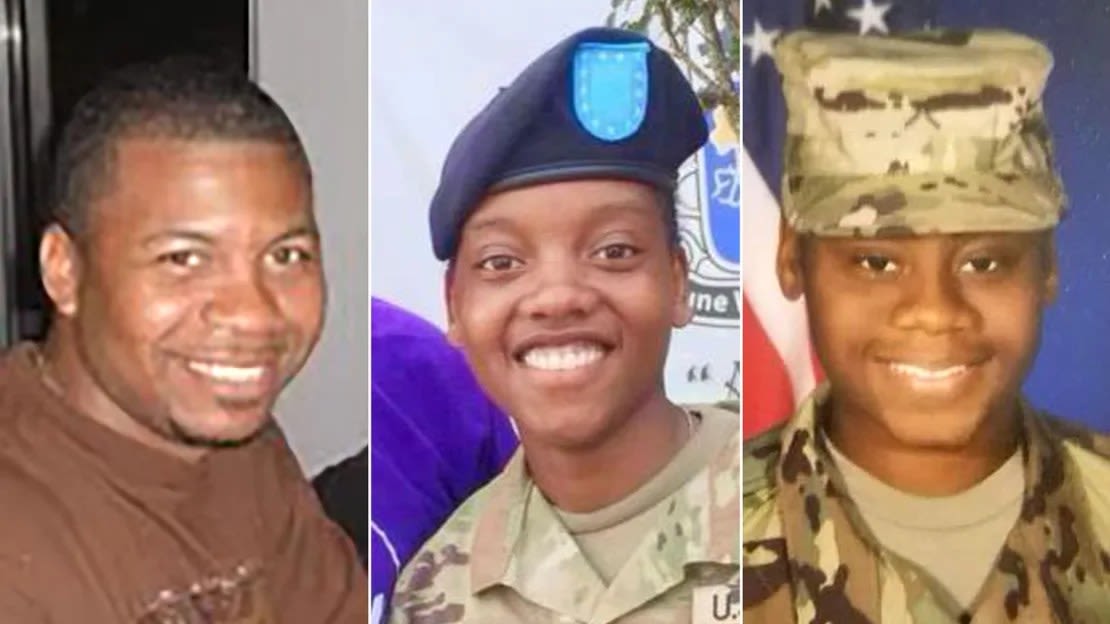 Estas fotografías sin fecha del Comando de Reserva del Ejército de EE. UU. muestran al sargento. William Jerome Rivers, 46 años, soldado. Kennedy Ladon Sanders, 24 años, y SPC. Breonna Alexsondria Moffett, 23 años. Comando de Reserva del Ejército de EE. UU.