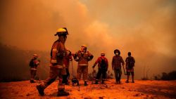 Los bomberos trabajan en la zona de un incendio forestal en las colinas de la comuna de Quilpe, región de Valparaíso, Chile, el 3 de febrero de 2024. La región de Valparaoso y Viña del Mar, en el centro de Chile, se despertó el sábado con un toque de queda parcial para permitir el movimiento de evacuados y traslado de equipos de emergencia en medio de una serie de incendios sin precedentes, informaron las autoridades.