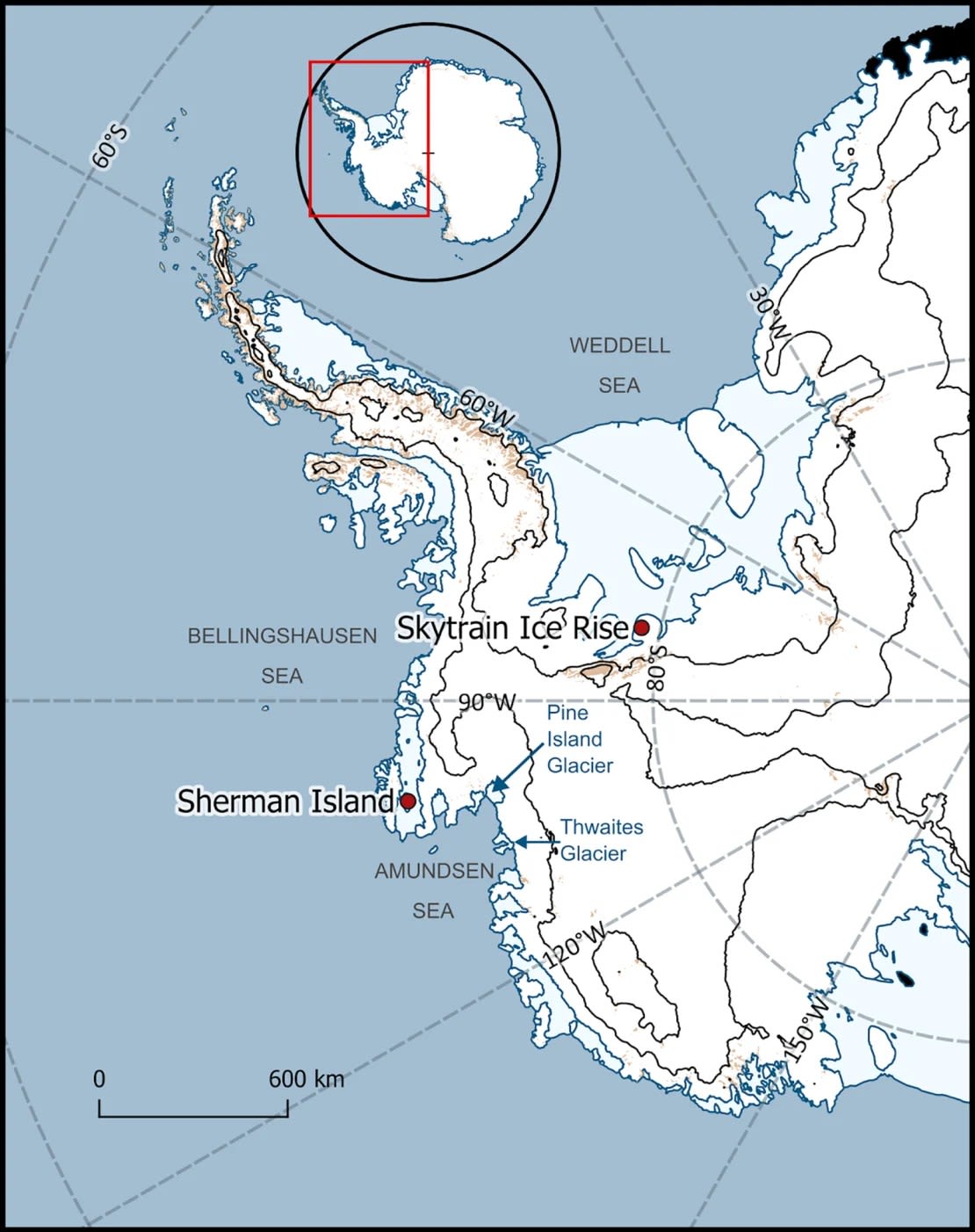 Mapa que muestra la ubicación del Skytrain Ice Rise, parte de la plataforma de hielo Ronne, de donde se tomó el núcleo de hielo.