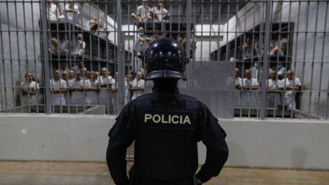 SAN VICENTE, EL SALVADOR - FEBRUARY 6: An officer in riot gear stands on patrol inside a cell at CECOT in Tecoluca on February 6, 2024 in San Vicente, El Salvador. On February of 2023 El Salvador inaugurated Latin America's largest prison as part of President Nayib Bukele's plan to fight gangs. Since then, the UN and NGOs have raised concern about the treatment of inmates, minors being held and suspects incarcerated as gang members without sufficient proof. Meanwhile, Bukele claims El Salvador's murder rate has fallen from the world's highest to the lowest in the Western Hemisphere.