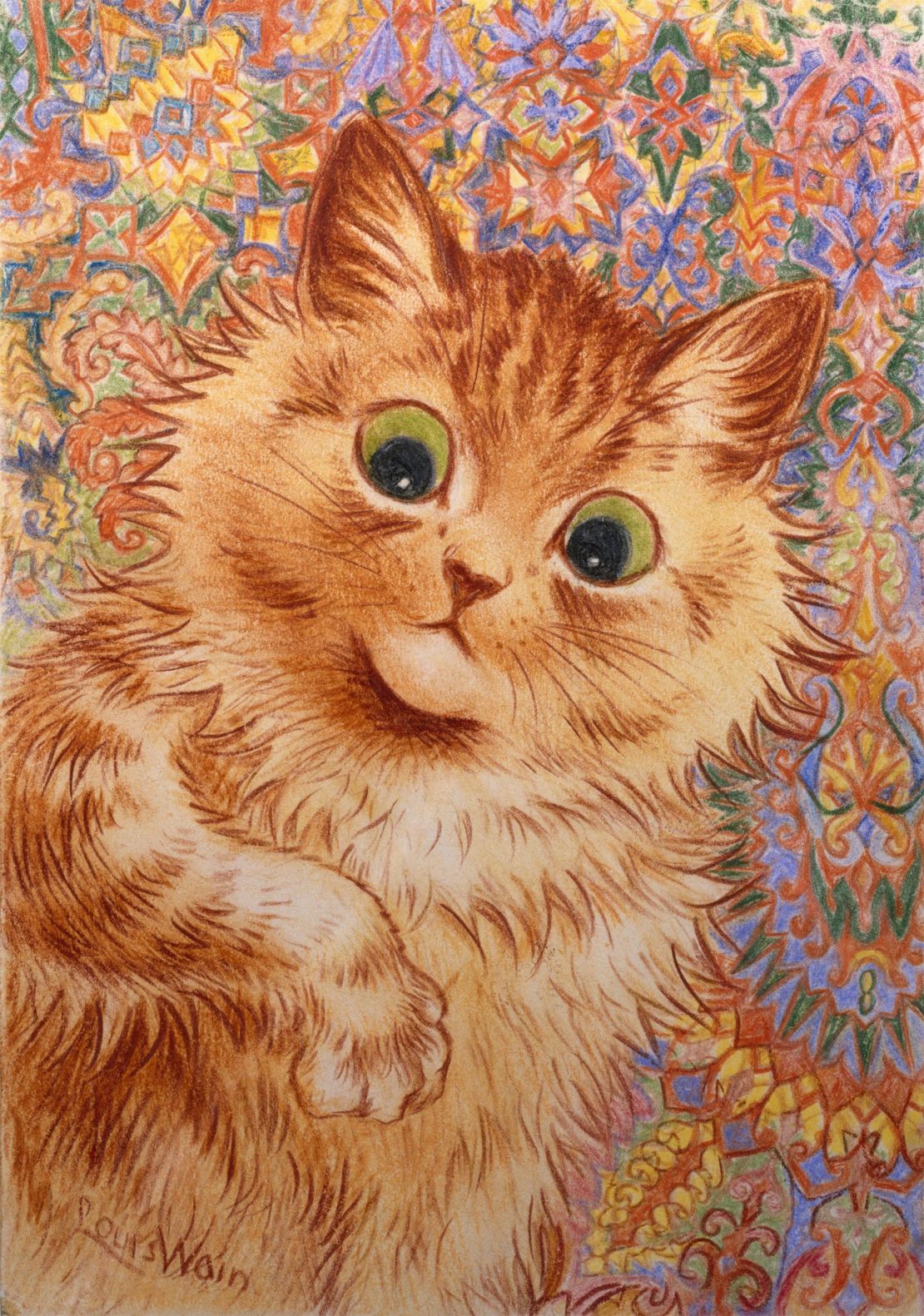 Una de las famosas imágenes de gatos de Louis Wain. Al artista eduardiano se le atribuye haber aumentado el lindo atractivo de nuestros amigos felinos al brindarles pasatiempos y pasatiempos humanos. Cortesía del Museo de la Mente de Bethlem/Somerset House