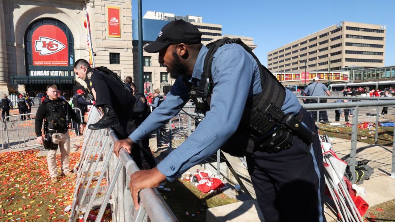 KANSAS CITY, MISSOURI - FEBRUARY 14: Law enforcement responds to a shooting at Union Station during the Kansas City Chiefs Super Bowl LVIII victory parade on February 14, 2024 in Kansas City, Missouri. Several people were shot and two people were detained after a rally celebrating the Chiefs Super Bowl victory.