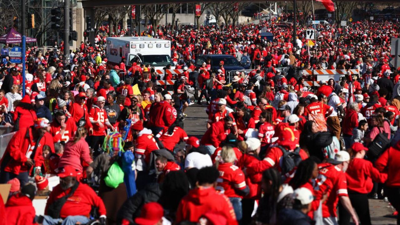 KANSAS CITY, MISSOURI - FEBRUARY 14: People leave the area following a shooting at Union Station during the Kansas City Chiefs Super Bowl LVIII victory parade on February 14, 2024 in Kansas City, Missouri. Several people were shot and two people were detained after a rally celebrating the Chiefs Super Bowl victory.