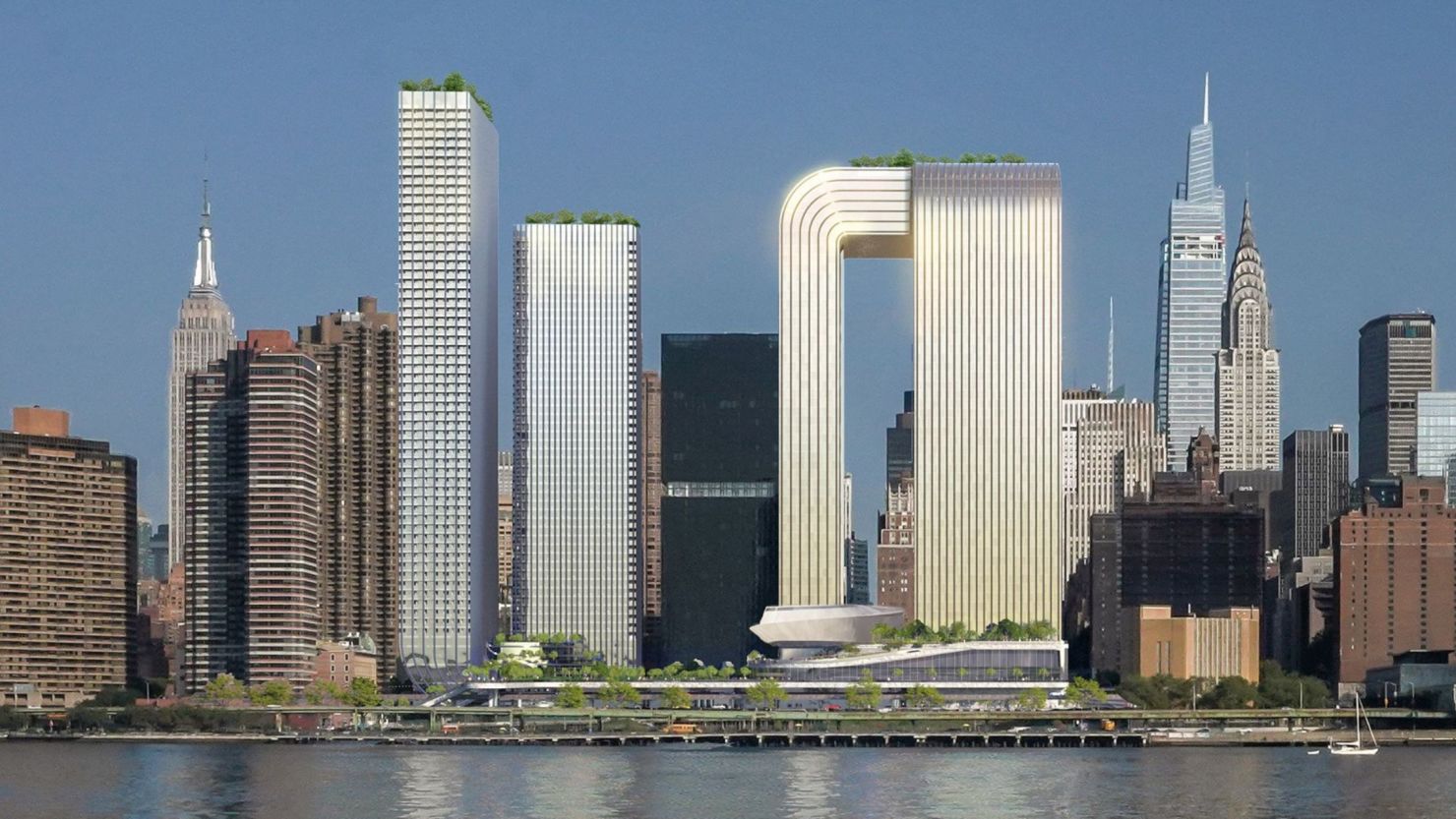 La propuesta de Freedom Plaza muestra que el proyecto en su conjunto contaría con cuatro rascacielos, un museo y acres de espacio público junto al East River.