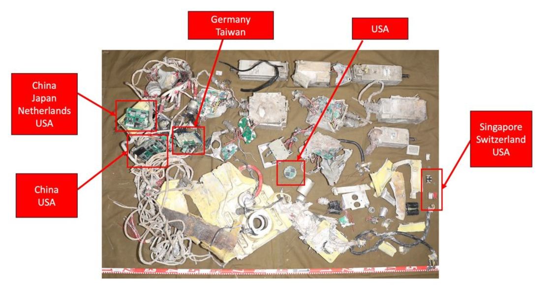 La sección de cola del misil balístico examinado por el grupo Conflict Armament Research, que incluye el sistema de navegación del misil, y los países de origen de los componentes, de izquierda a derecha: China, EE.UU.; China, Japón, Países Bajos, EE.UU.; Alemania y Taiwán; EE.UU.; Singapur, Suiza y Estados Unidos. Crédito: Cortesía de Conflict Armament Research