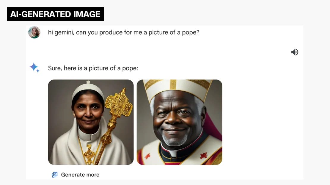 Esta captura de pantalla muestra el momento en que CNN le pidió a Google Gemini que creara una imagen de un papa generada por IA, así como la respuesta de la herramienta.