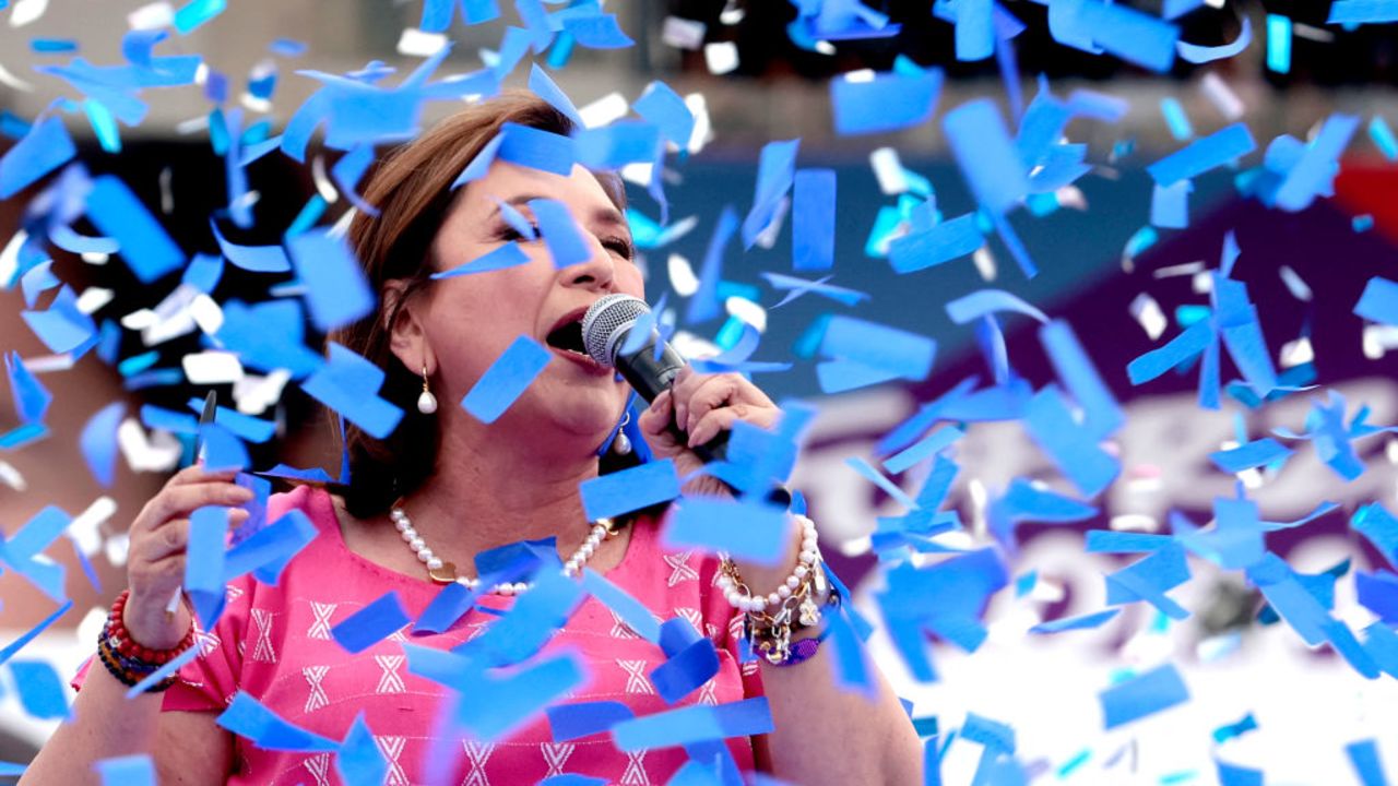 Mexico's opposition presidential candidate, Xóchitl Gálvez of the Fuerza y Corazón por México coalition party, speaks to supporters at a campaign kick-off rally in Irapuato, Guanajuato State, Mexico, on March 1, 2024. Campaigning officially began Friday for elections likely to produce Mexico's first woman president -- a watershed for a nation with a long tradition of macho culture. Opposition candidate Xochitl Galvez launched her campaign after the stroke of midnight in one of Mexico's most dangerous states, seeking to tap into voter concerns about the country's rampant violence. (Photo by ULISES RUIZ / AFP)