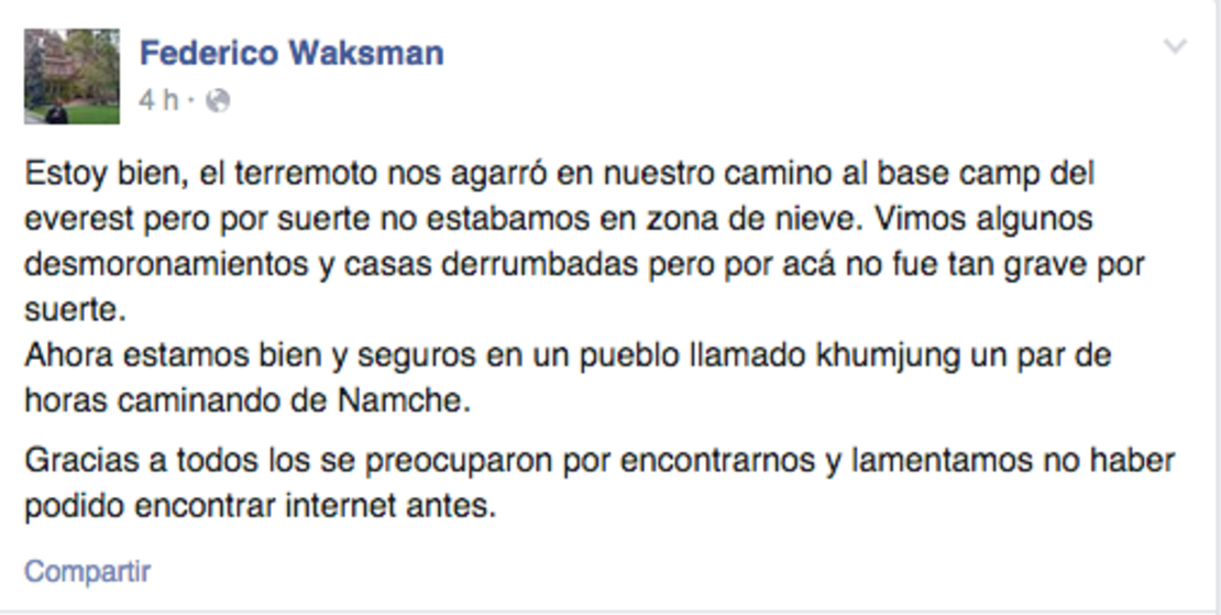 A través de su página de Facebook, Federico Waksman envió un mensaje de supervivencia a familiares y amigos.