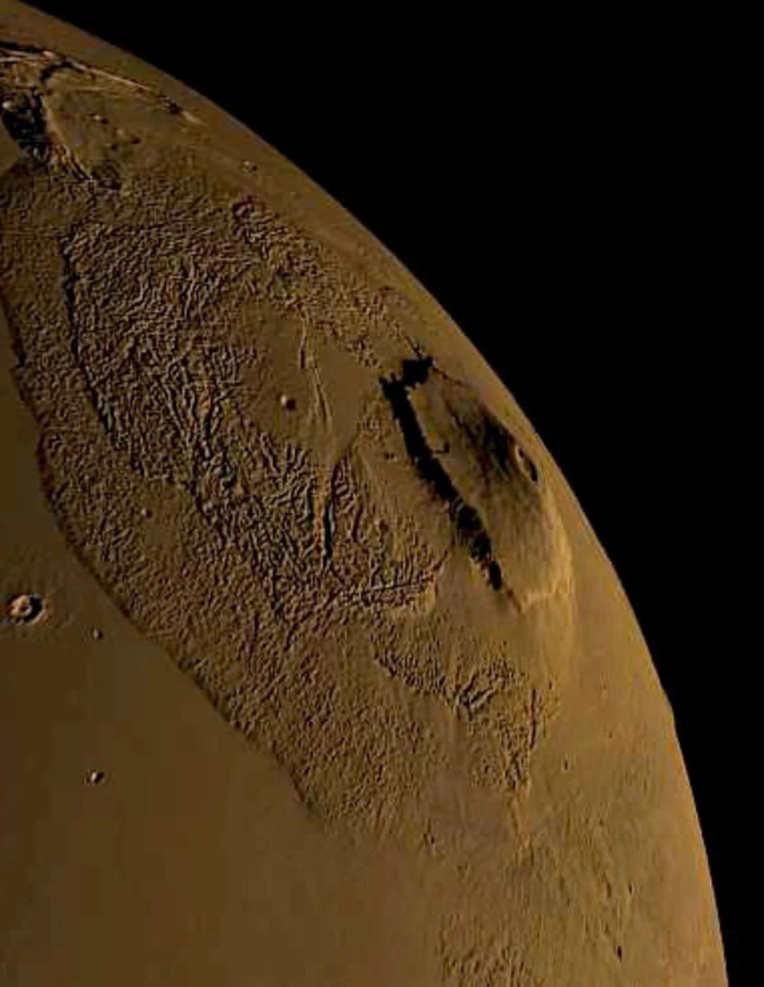 Olympus Mons, con una altura de 25 kilómetros (16 millas), es el volcán más grande conocido en el sistema solar. Crédito: SVS de la NASA.