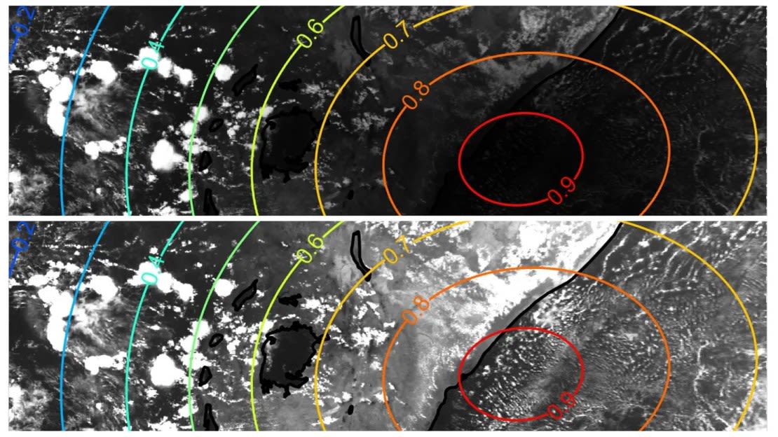 Las imágenes de satélite muestran nubes durante el eclipse solar del 3 de octubre de 2005 sobre África (en el oeste, izquierda) y el Océano Índico (en el este, derecha). La imagen superior no ha sido corregida por la disminución de la luz solar durante un eclipse, mientras que la imagen inferior sí ha sido corregida por la disminución de la luz solar, lo que se hizo para estudiar la evolución de las nubes dentro de la sombra parcial de la luna. Las líneas de colores indican la fracción del sol oscurecida por la luna.