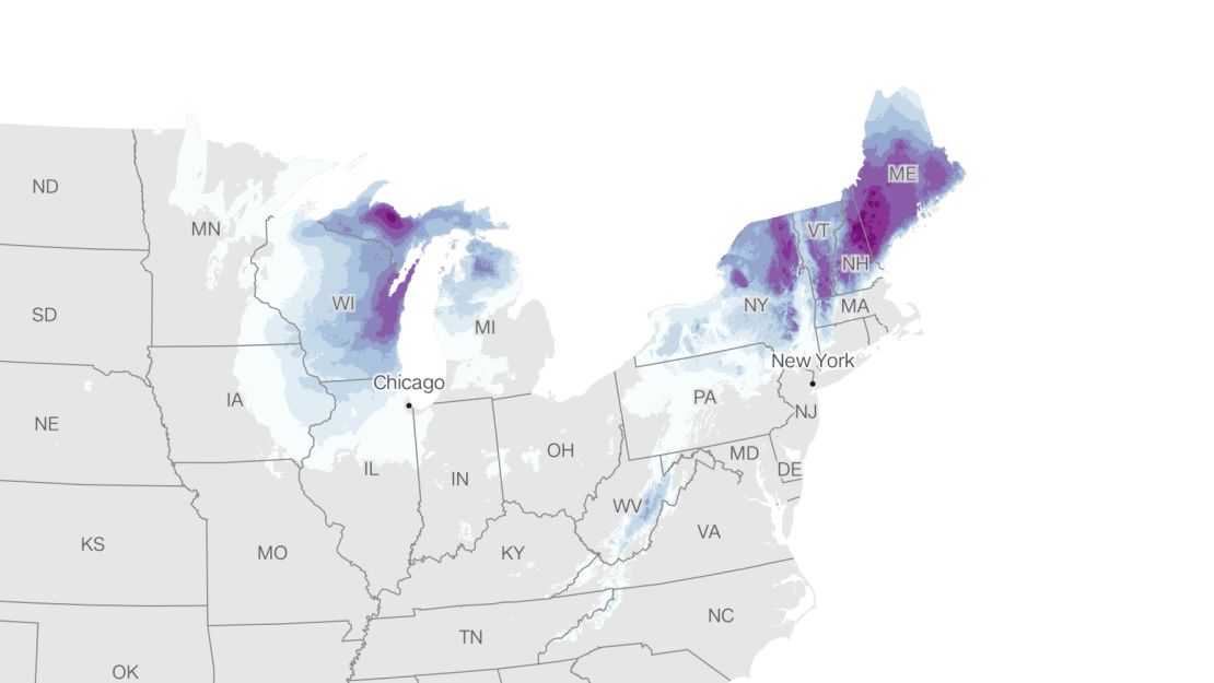 Estas son las nevadas totales que el Servicio Meteorológico Nacional predice que caerán en los Estados Unidos contiguos.