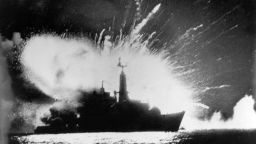The missile magazines on board British Royal Navy Type 21 frigate, HMS Antelope, explode in San Carlos Water, off East Falkland, after attacks by the Argentine Air Force during the Falklands War, 24th May 1982.