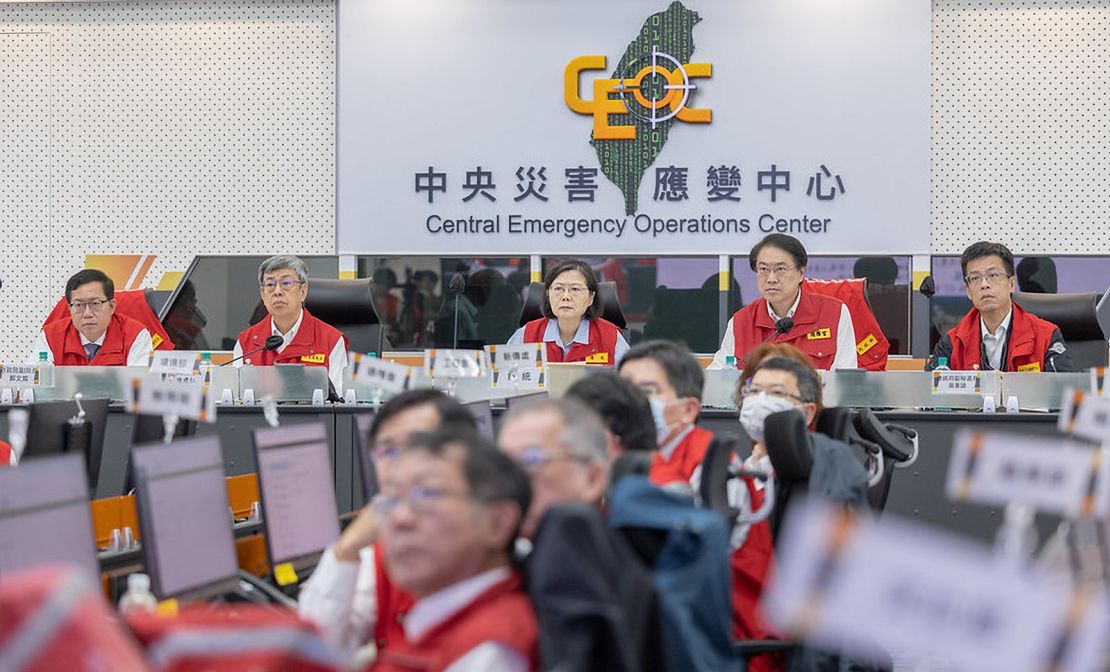 Taiwan President Tsai Ing-wen and CEO Chen Jianren hold a press conference while visiting the Disaster Response Center to brief themselves on the situation of the earthquake disaster and rescue response in Taipei.