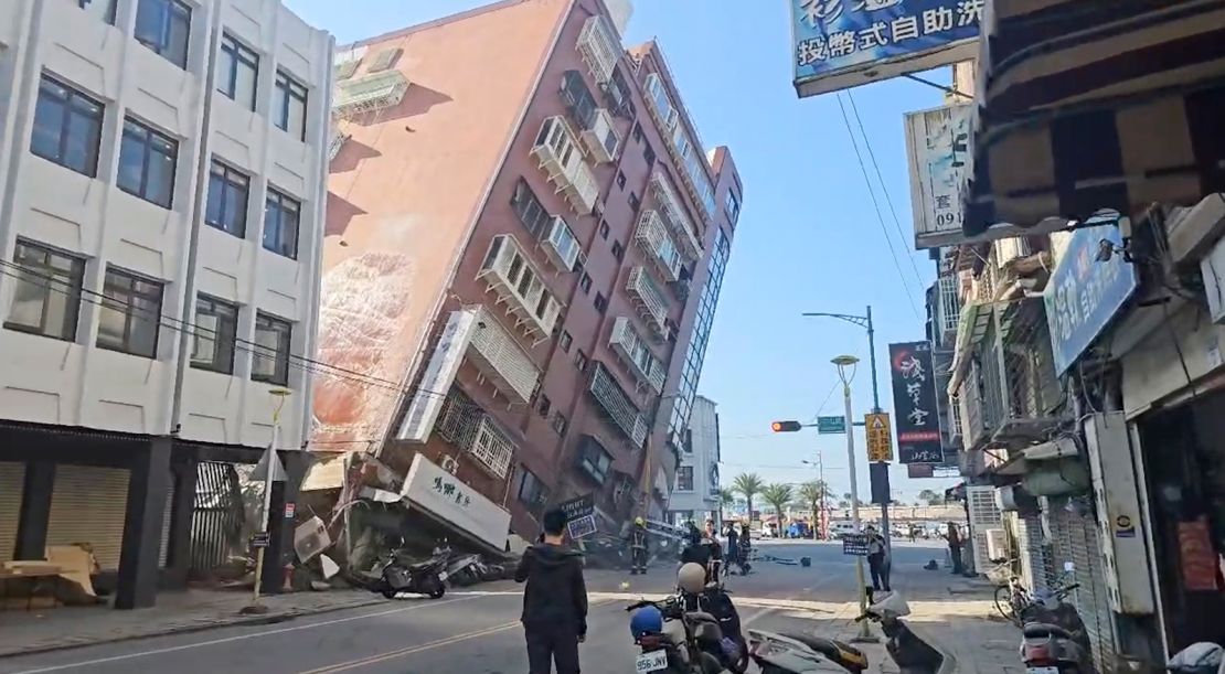 There are more than 100 buildings damaged after the powerful earthquake. In this image taken from a video broadcast by TVBS, a partially collapsed building is seen in Hualien.