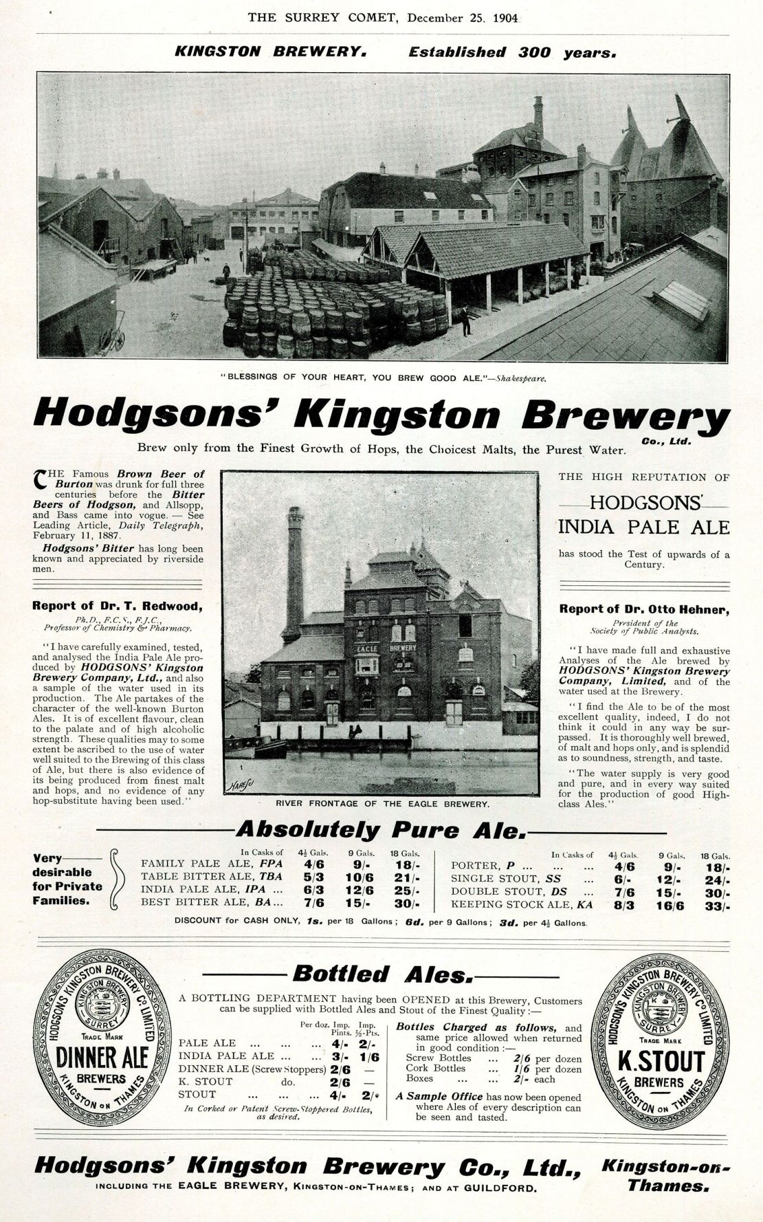 Un anuncio de 1904 en The Surrey Comet que hace referencia a la India Pale Ale de Hodgson.