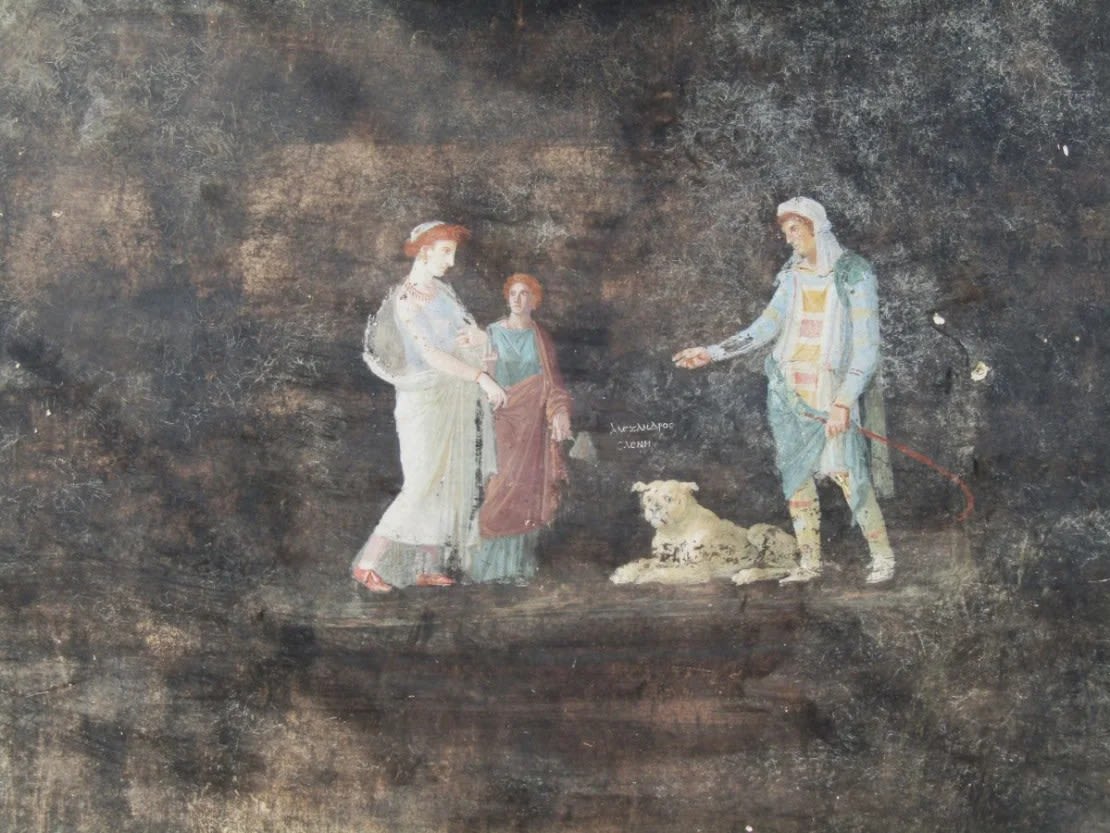 Este fresco representa a Helena de Troya con París. En la mitología griega, el secuestro de Helena por parte de París desencadenó la Guerra de Troya. Crédito: Parque Arqueológico de Pompeya.