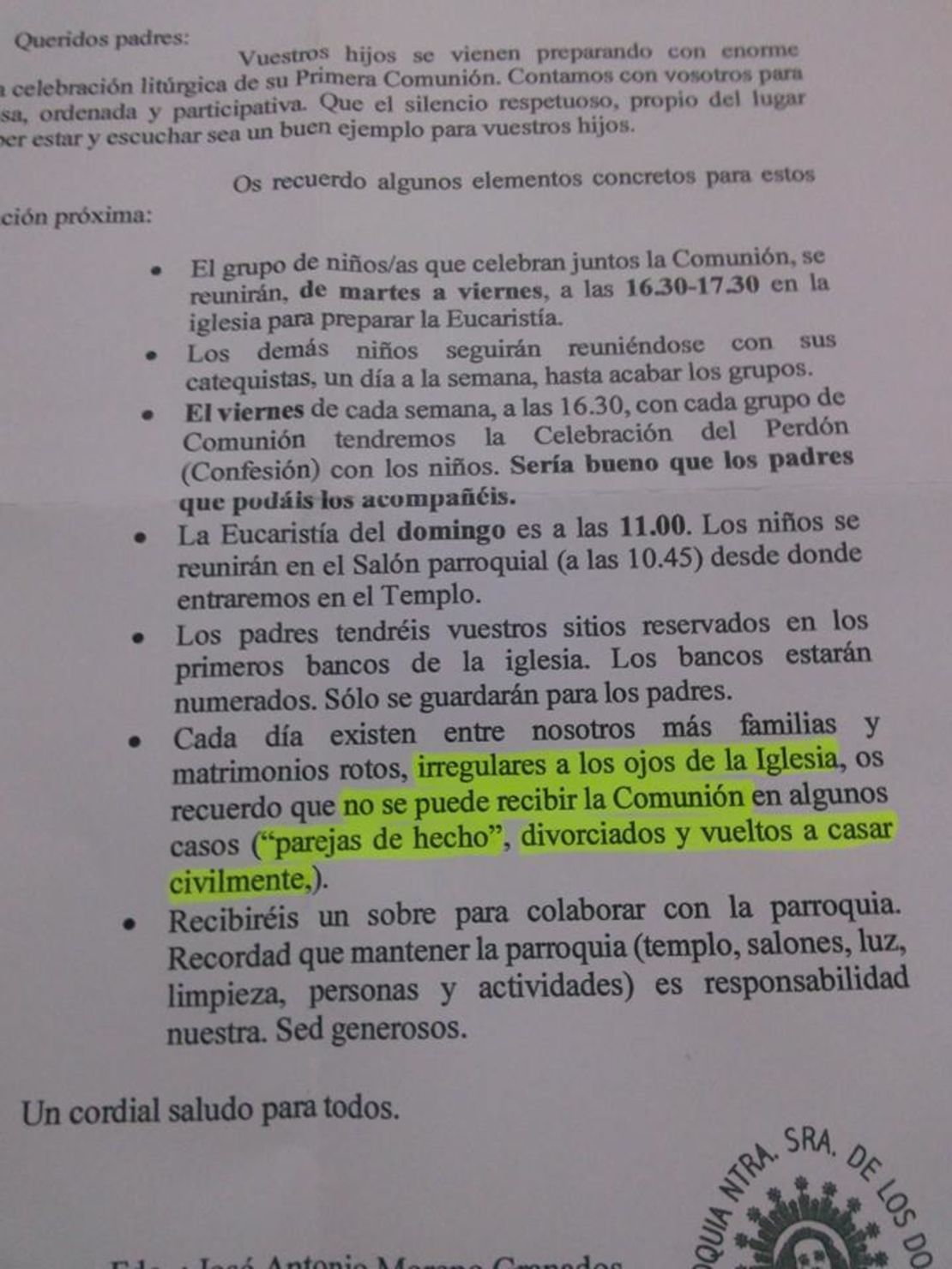 La circular fue enviada por la parroquia Nuestra Señora de los Dolores de Cartagena (España). Allí se pide no comulgar a los divorciados.