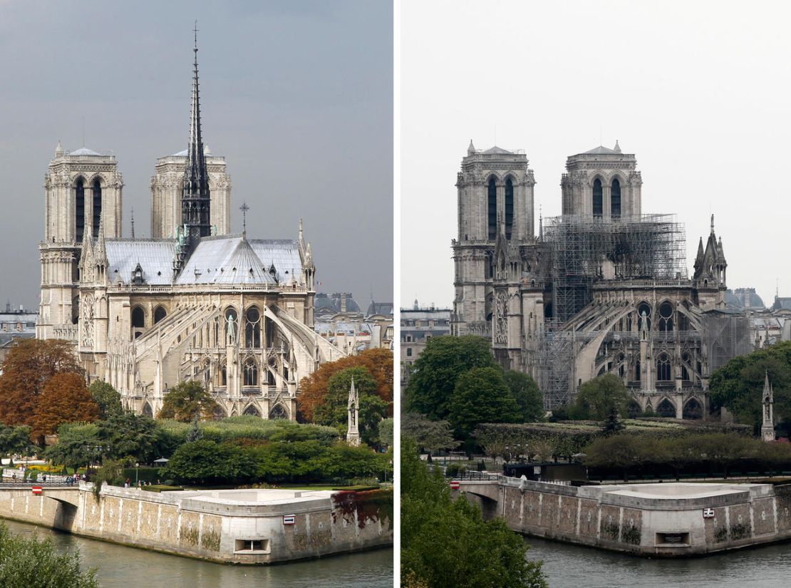 Vista de la catedral de Notre Dame antes y depués del incendio de 2019. Crédito: Getty Images