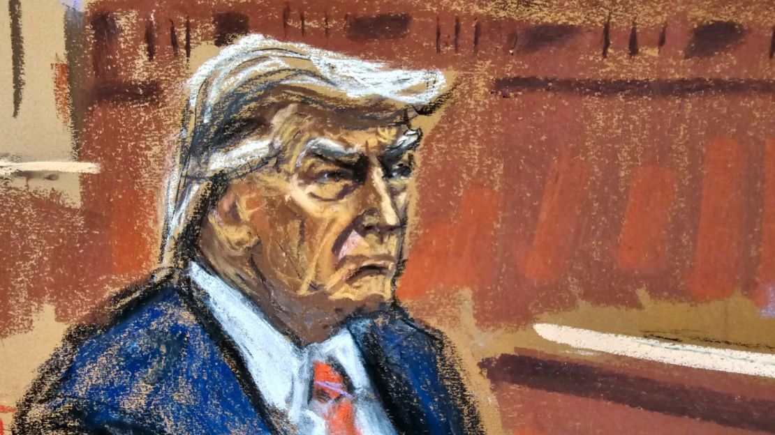 En este boceto de la sala del tribunal, el expresidente Donald Trump se sienta mientras los jurados finales prestan juramento durante su juicio penal en el tribunal estatal de Manhattan en la ciudad de Nueva York, el 19 de abril de 2024.