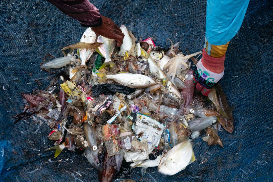 Los pescadores separan el pescado de los residuos plásticos recogidos en sus redes. La separación del plástico y la clasificación de las capturas es una tarea cada vez más laboriosa a medida que aumenta la cantidad de residuos.