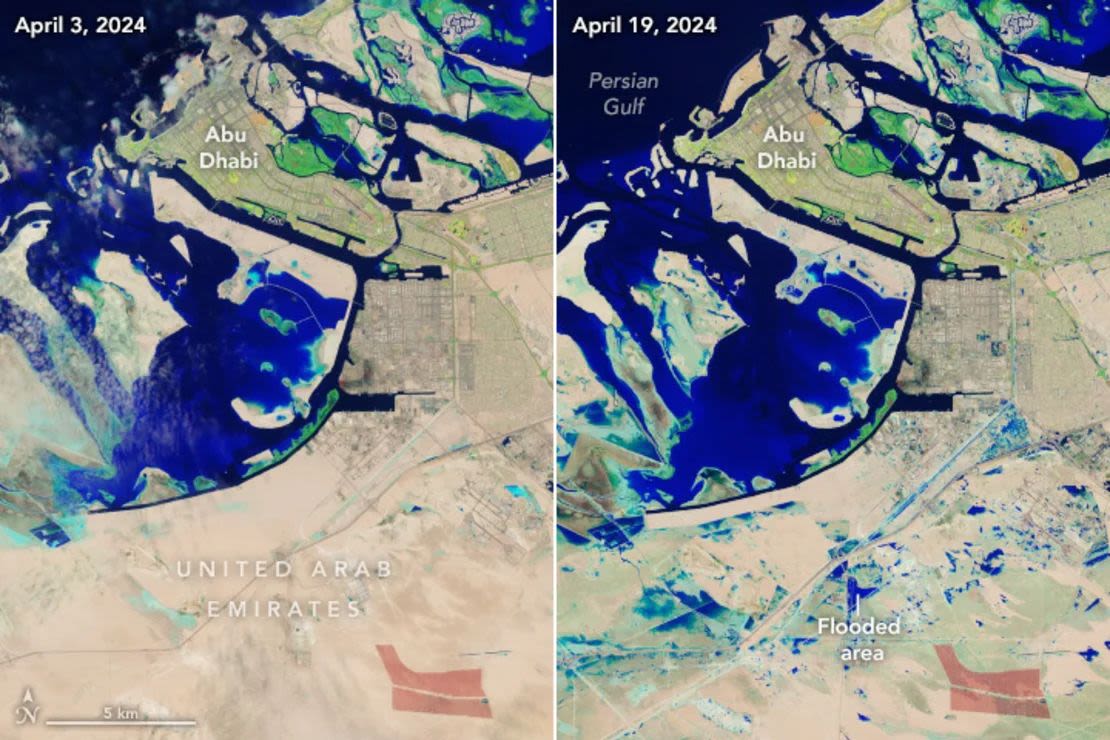 Imágenes de satélite de Abu Dhabi antes (izquierda) y después (derecha) de las inundaciones históricas.