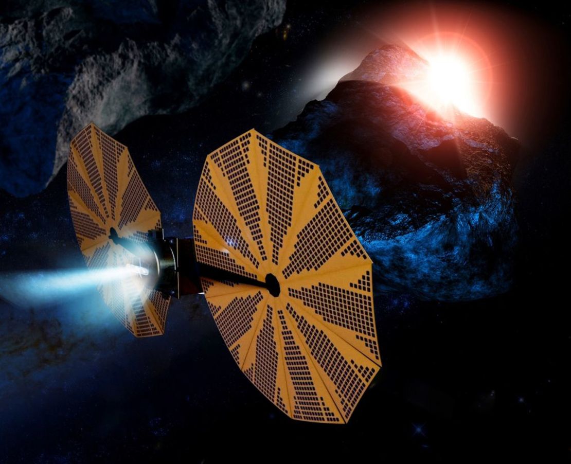 Los Emiratos Árabes Unidos planean una misión para explorar el cinturón de asteroides. Esta infografía facilitada por la Agencia Espacial de los EAU muestra el Explorador MBR, cuyo lanzamiento está previsto para 2028 con el fin de estudiar varios asteroides. Crédito: Agencia Espacial de los EAU/AP