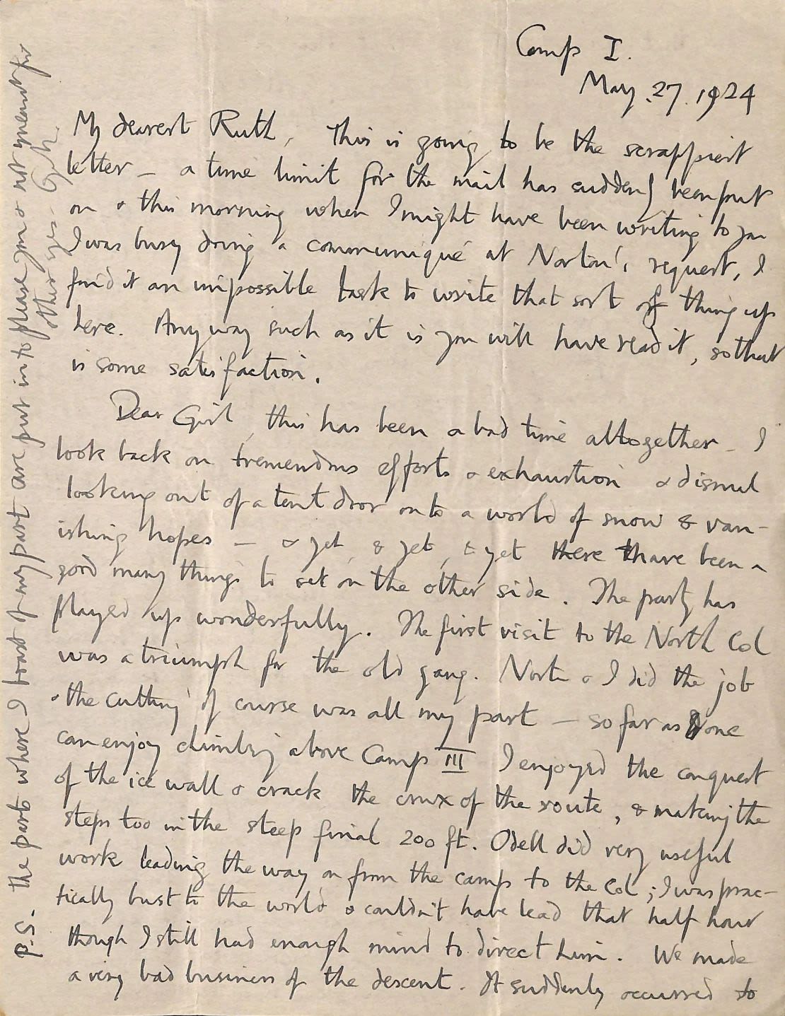 Una carta digitalizada muestra parte de la correspondencia final que Mallory escribió a su mujer, Ruth, fechada el 27 de mayo de 1924, mientras revelaba que miraba "a un mundo de nieve y esperanzas que se desvanecen".