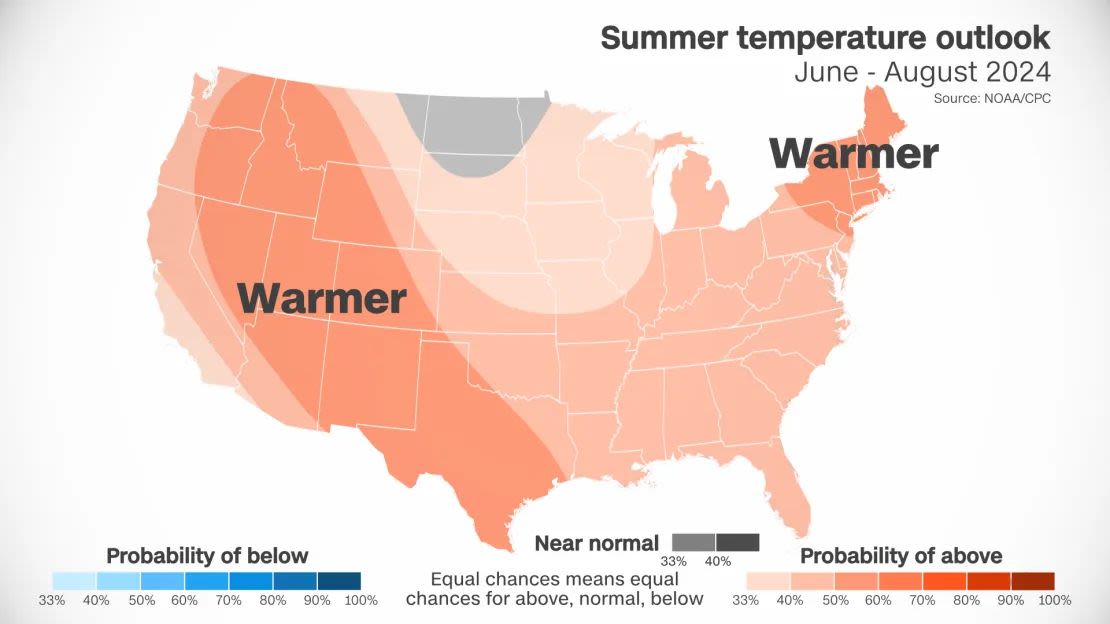 Este mapa muestra las perspectivas de altas temperaturas ("warmer") en el verano boreal en EE.UU.