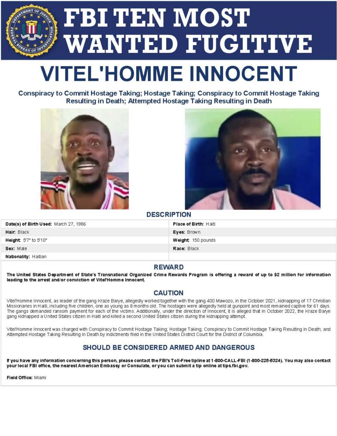 Vitel'Homme Innocent, buscado por el FBI. Crédito: FBI