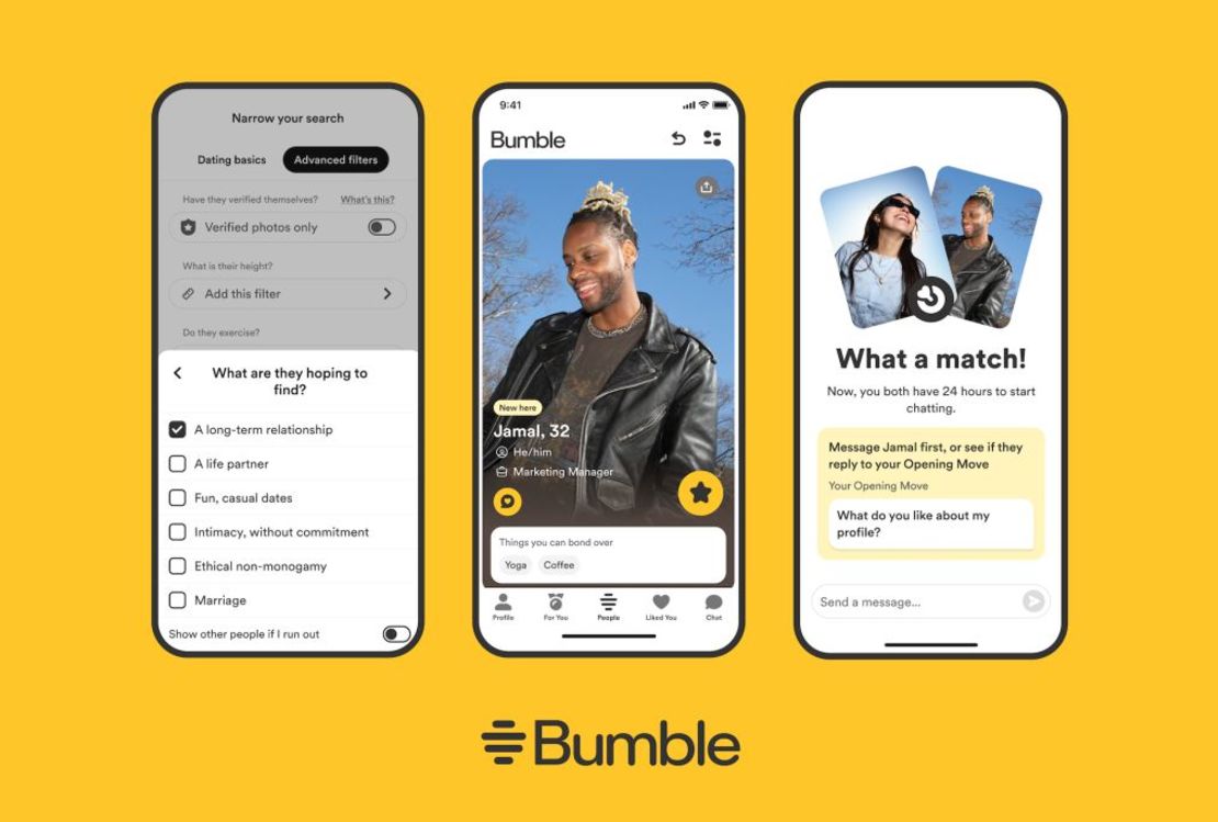 Como parte del relanzamiento de la aplicación, Bumble está añadiendo etiquetas actualizadas de "intenciones de citas" y fotos de perfil adicionales. Crédito: Bumble