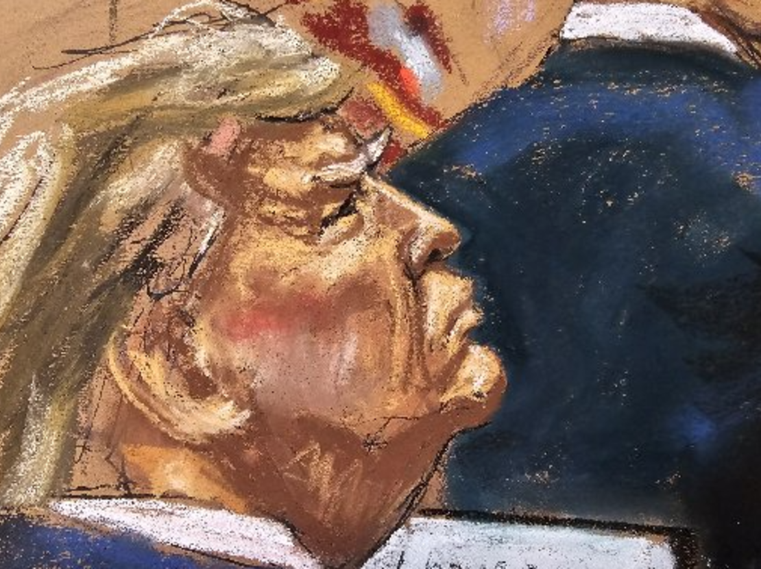 Sketch de Donald Trump durante el juicio de pago de dinero por silencio.