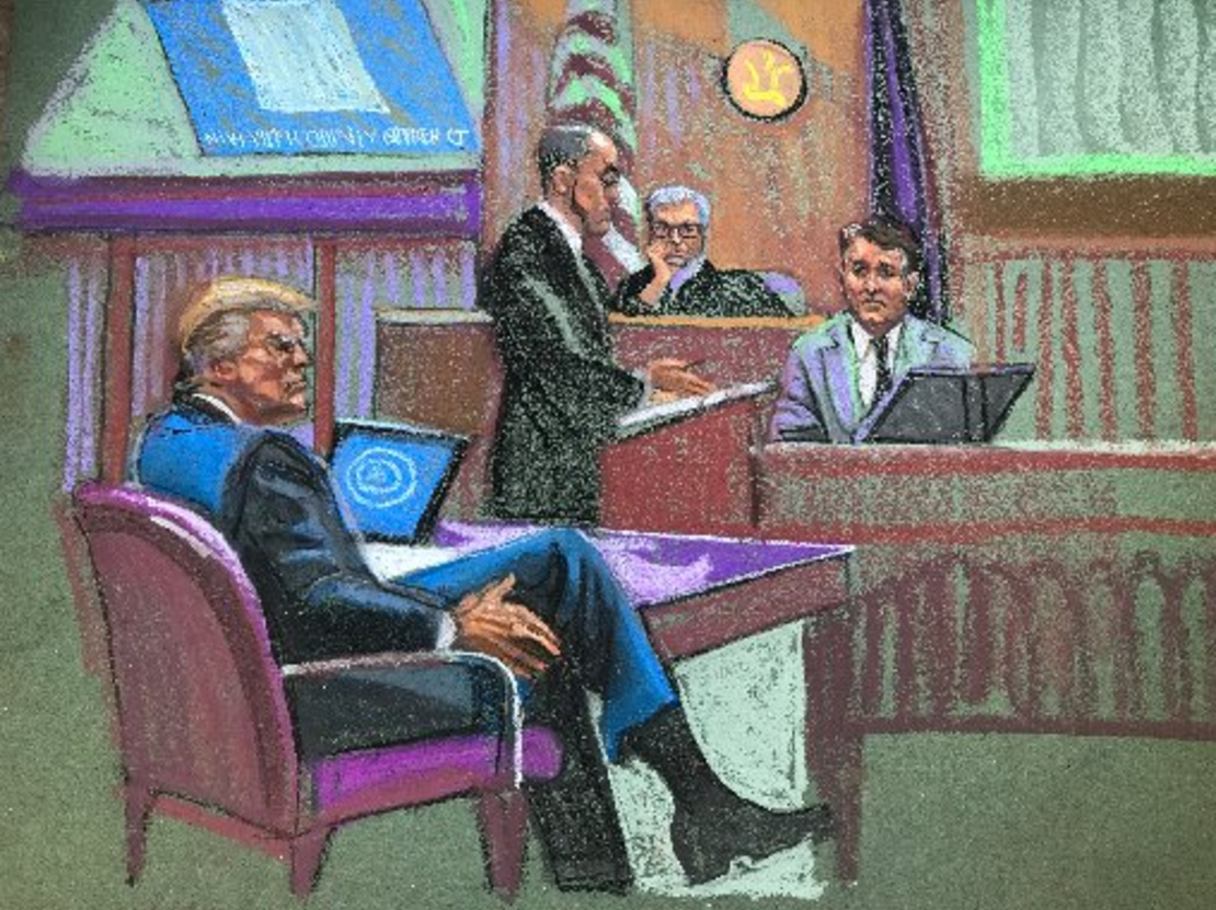 Sketch de Donald Trump durante el juicio de pago de dinero por silencio.